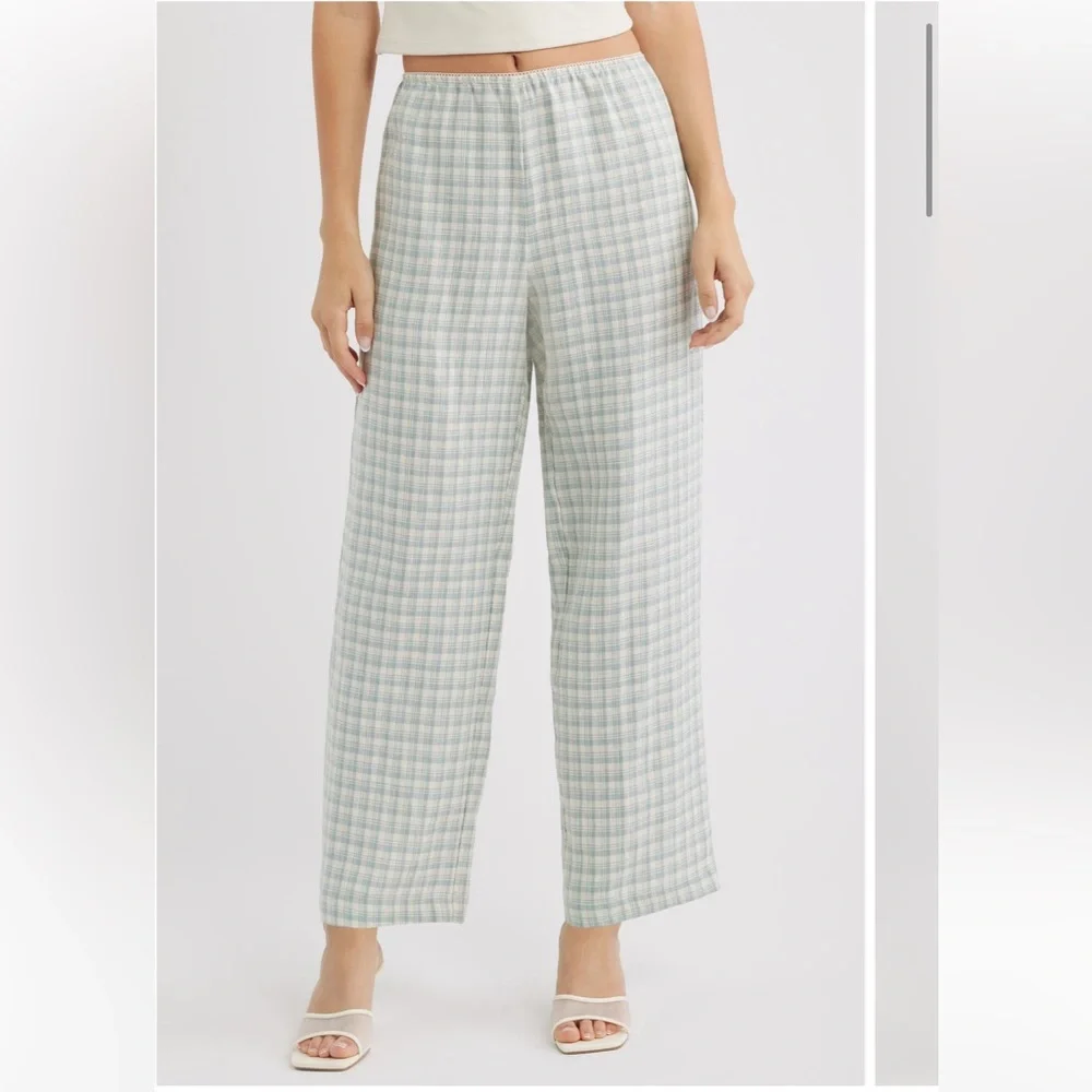 Reformation Wide-Leg Linen Plaid Pants in Blue Gingham
